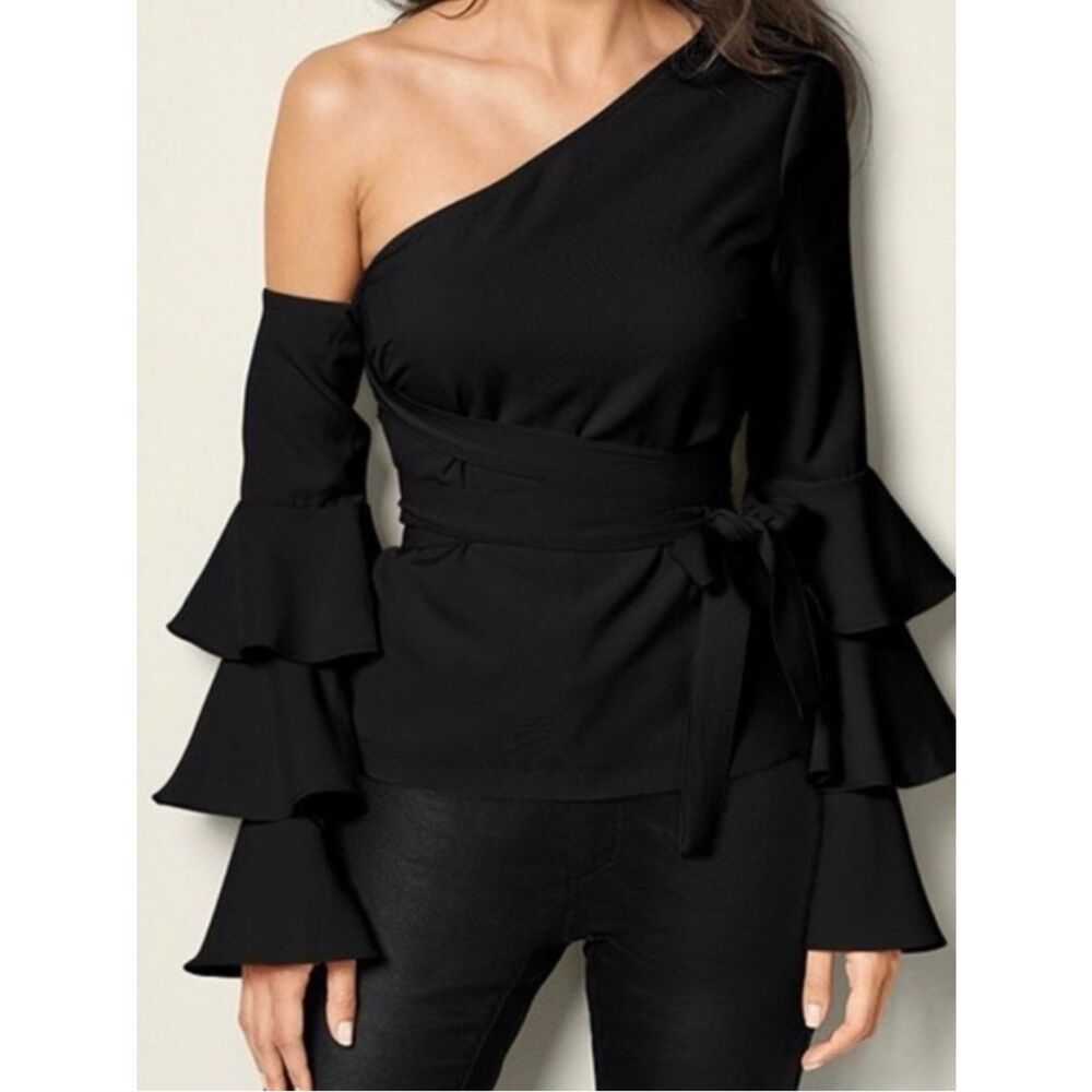 VENUS Ruffle One shoulder bell sleeve Tie Waist Top